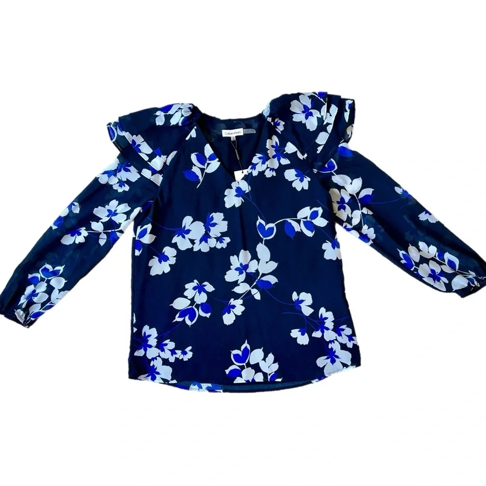 Calvin Klein Black and Blue Floral Blouse - Picture 6 of 9